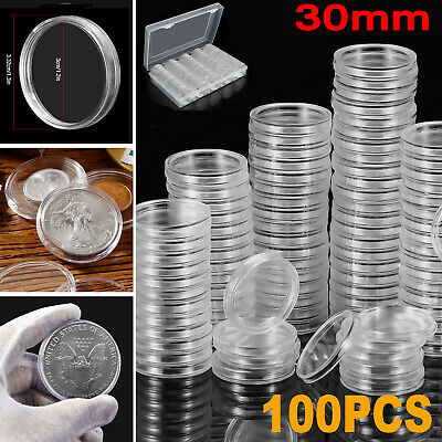 100pcs Coin Storage Box Holder Case Clear Round Plastic Capsule Container 30mm