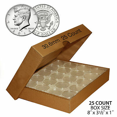 25 Direct Fit Airtight 30.6mm Coin Holders Capsules For Jfk Half Dollar W/ Box
